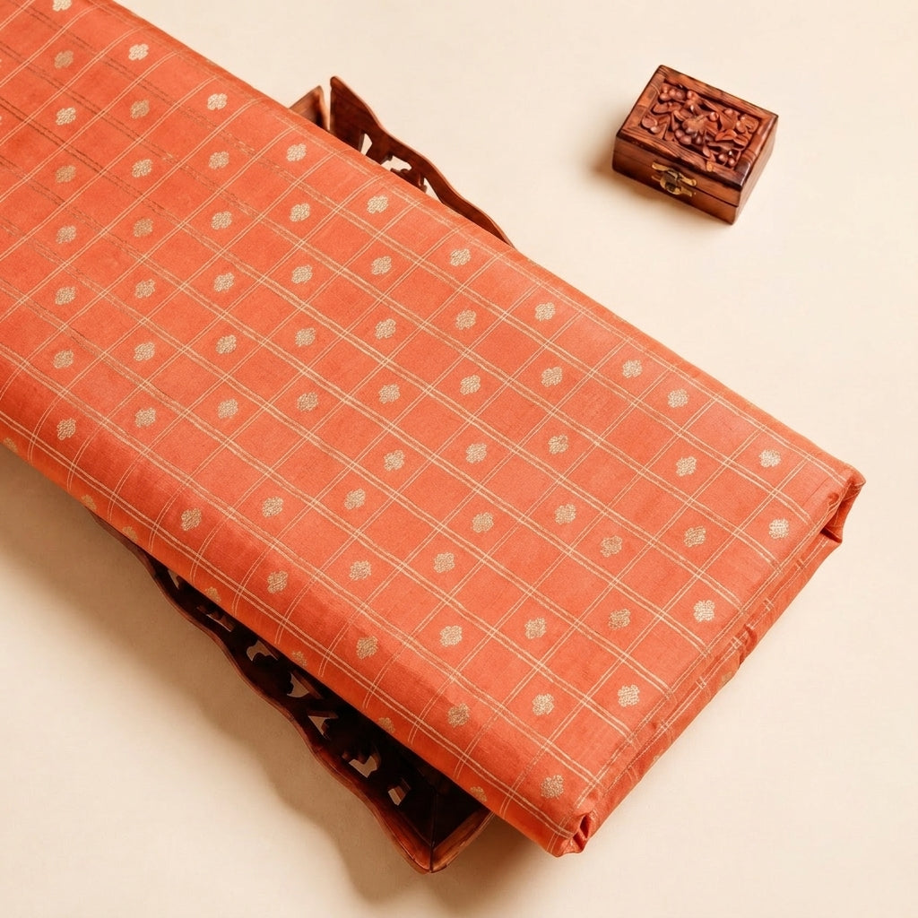 Orange Zari Semi Banaras Fabric with Butta Checked