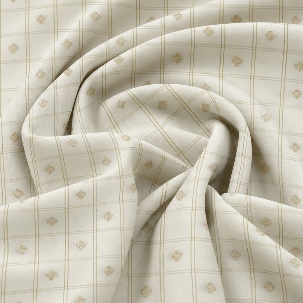 Swirled Cream Zari Semi Banaras Fabric Showing Butta Checked and Drape
