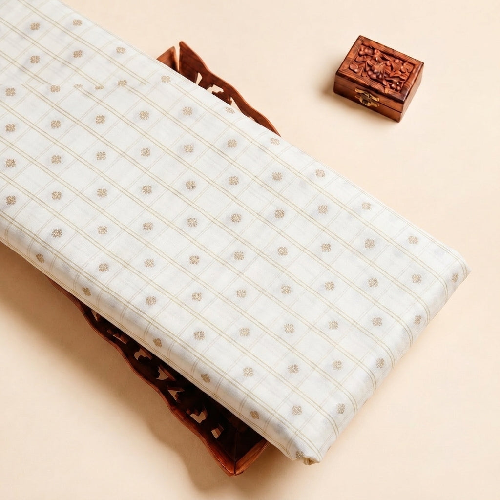 Cream Zari Semi Banaras Fabric with Butta Checked