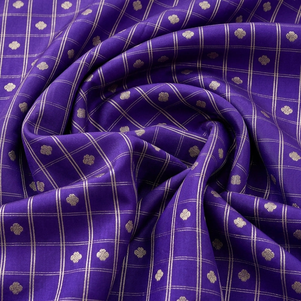 Swirled Purple Zari Semi Banaras Fabric Showing Butta Checked and Drape