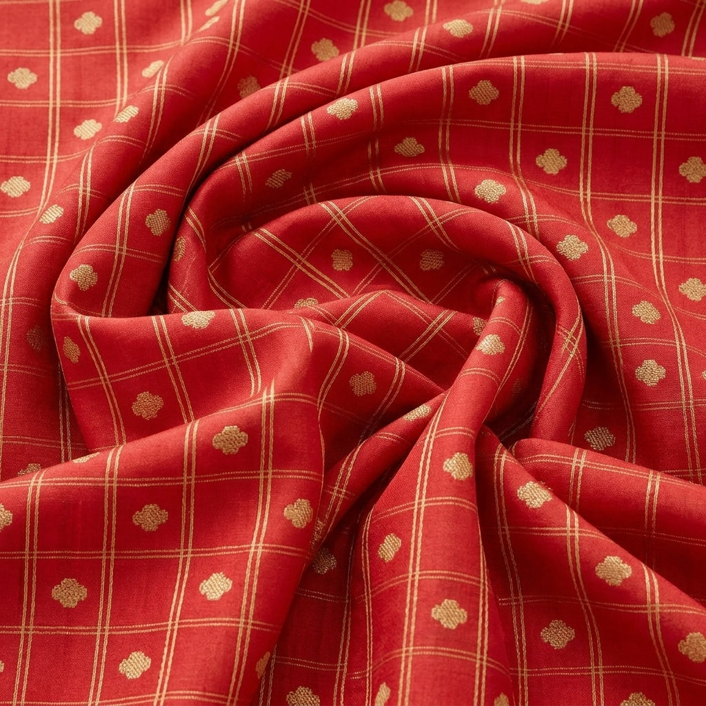 Swirled Red Zari Semi Banaras Fabric Showing Butta Checked and Drape