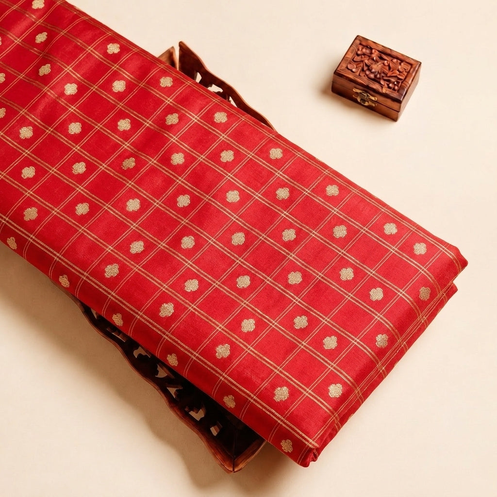 Red Zari Semi Banaras Fabric, folded