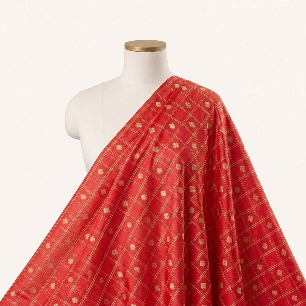 Red Zari Semi Banaras Fabric Draped as a saree