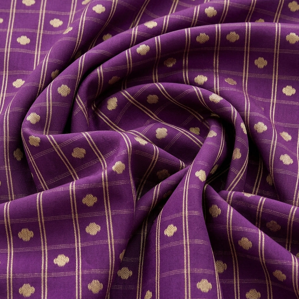 Swirled Purple Zari Semi Banaras Fabric Showing Butta Checked and Drape