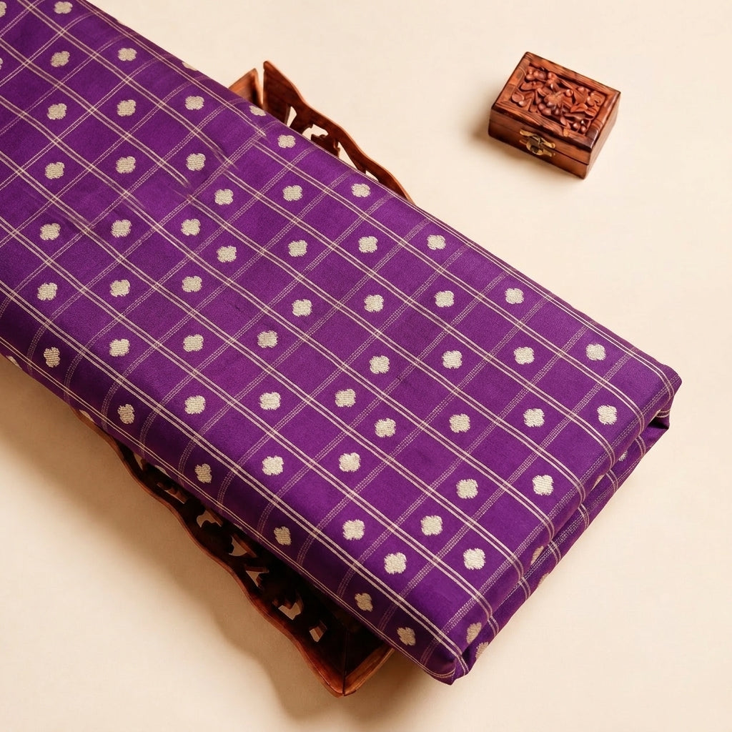 Purple Zari Semi Banaras Fabric with Butta Checked