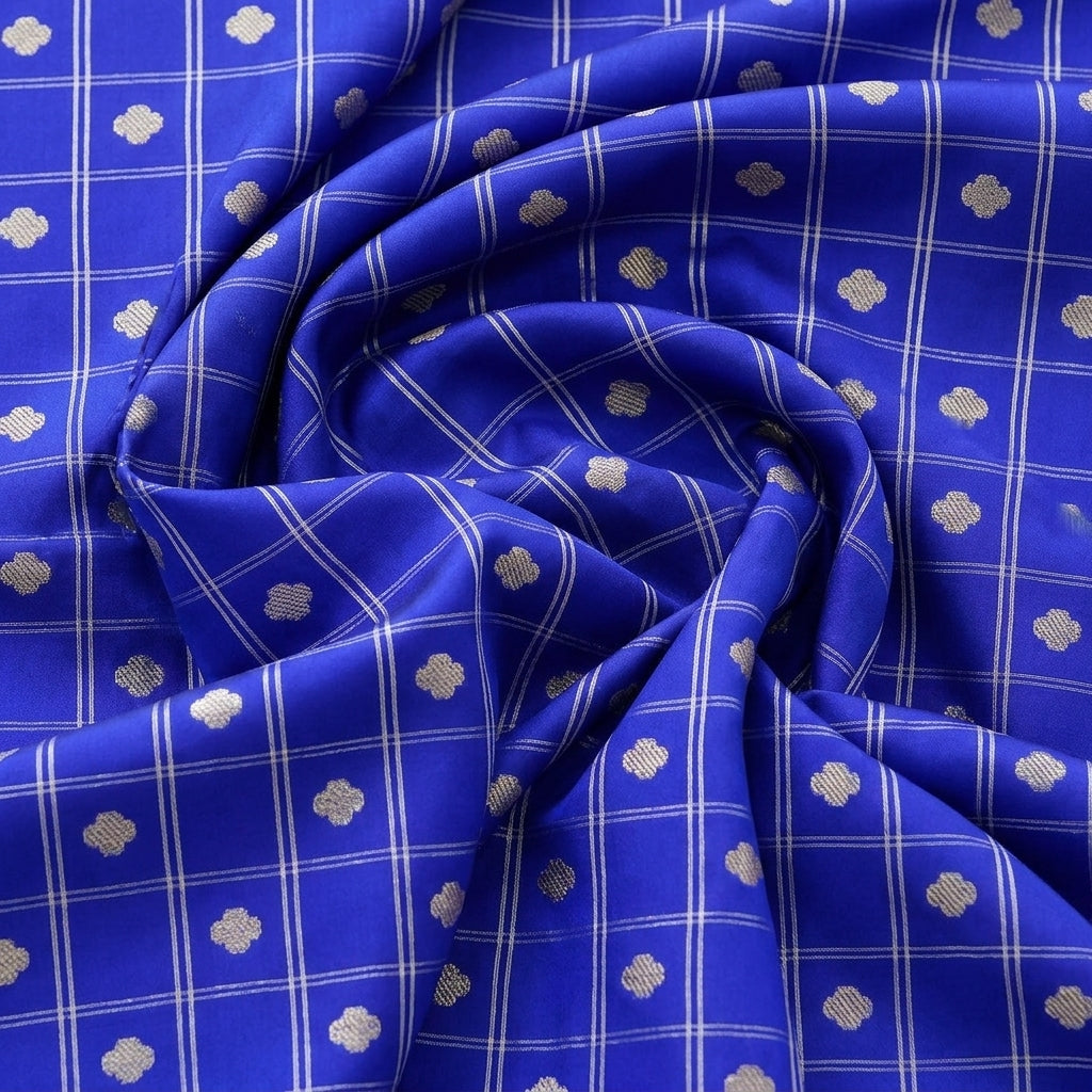 Swirled Royal Blue Zari Semi Banaras Fabric Showing Butta Checked and Drape