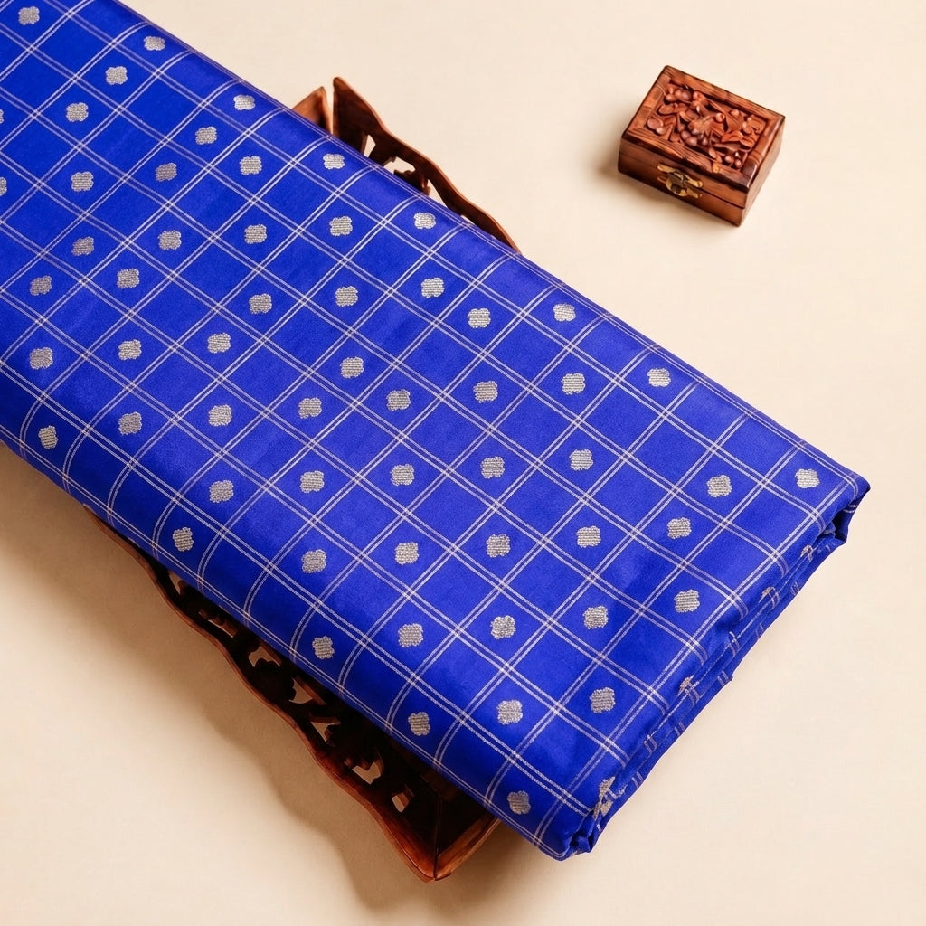 Royal Blue Zari Semi Banaras Fabric with Butta Checked