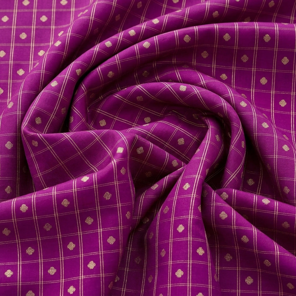 Swirled Purple Zari Semi Banaras Fabric Showing Butta Checked and Drape