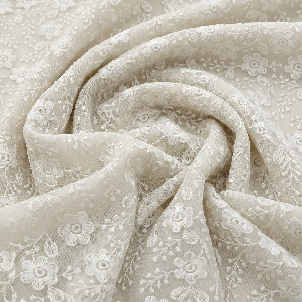 Swirled White Embroidery Net Fabric Showing Floral Thread Work and Drape
