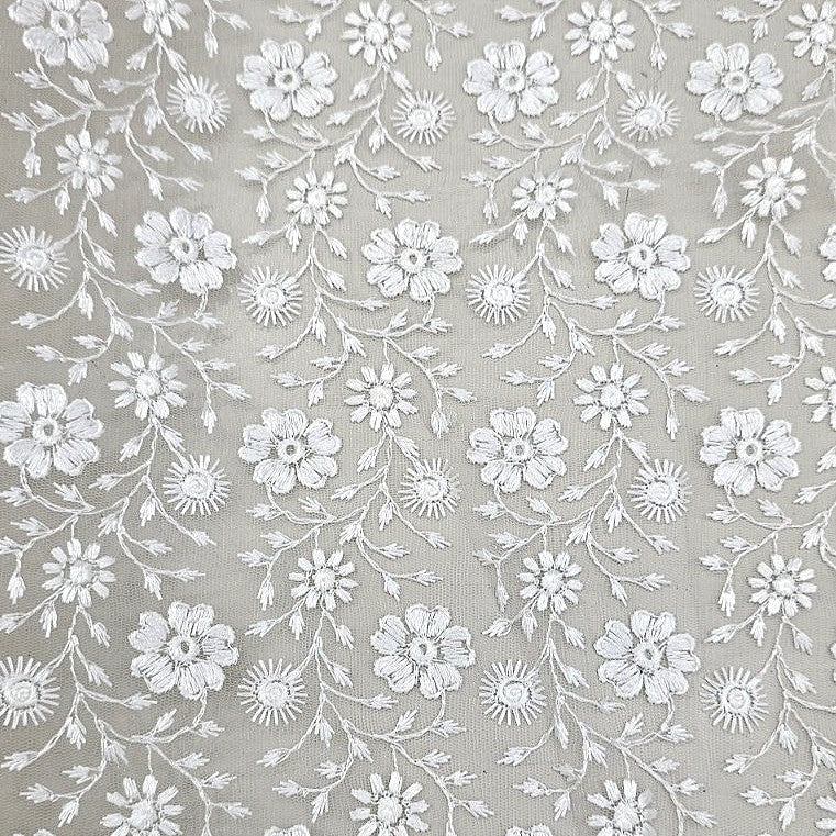 White Embroidery Net Fabric, laid flat