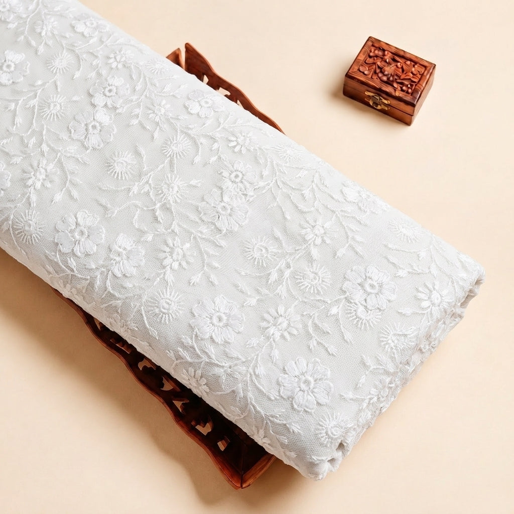 White Embroidery Net Fabric with Floral Thread Work