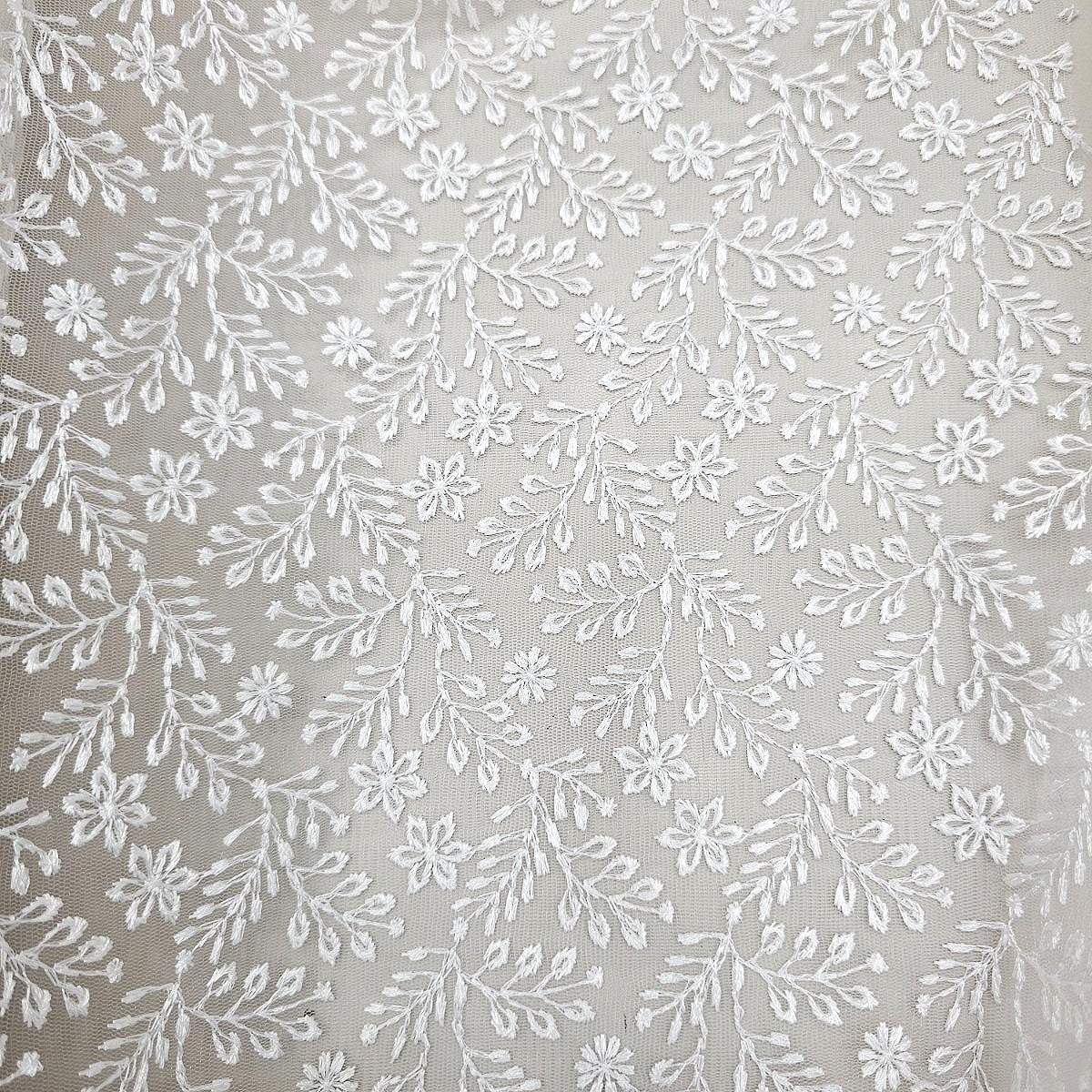 White Embroidery Net Fabric, laid flat
