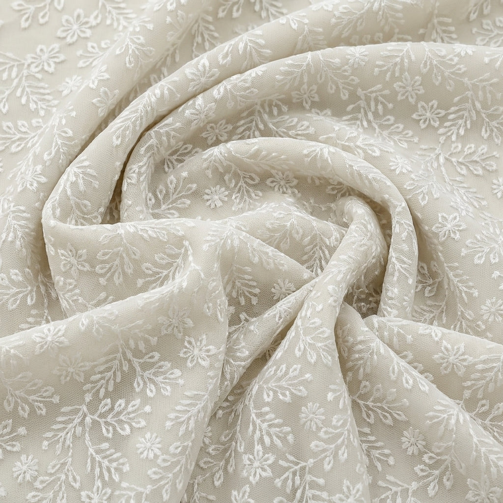 Swirled White Embroidery Net Fabric Showing Floral Thread Work and Drape