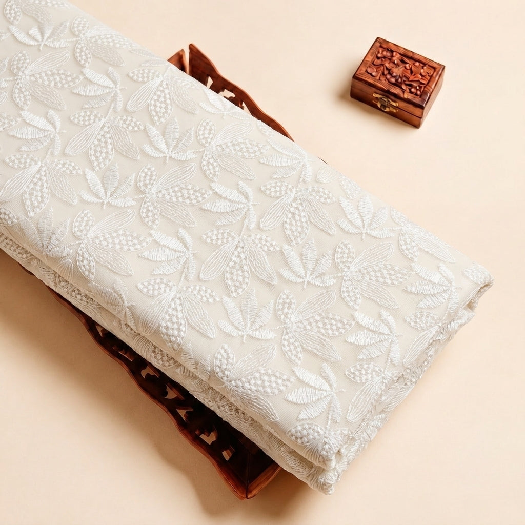 White Embroidery Net Fabric with Leaf Thread Work