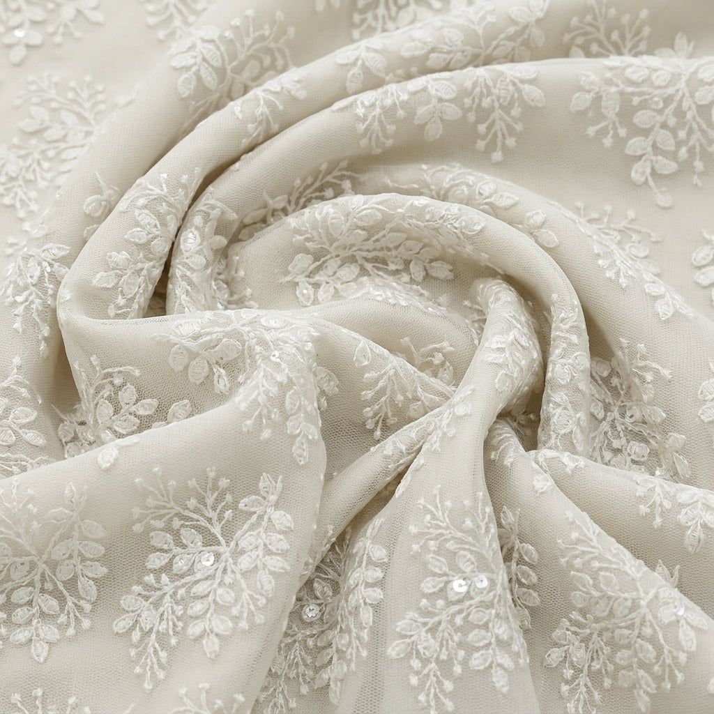 Swirled White Embroidery Net Fabric Showing Floral Thread Work and Drape