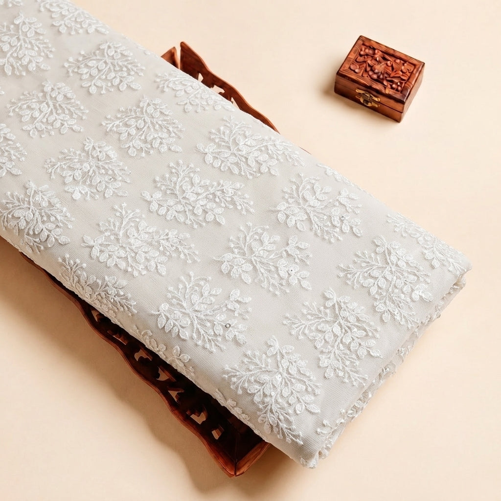 White Embroidery Net Fabric with Floral Thread Work