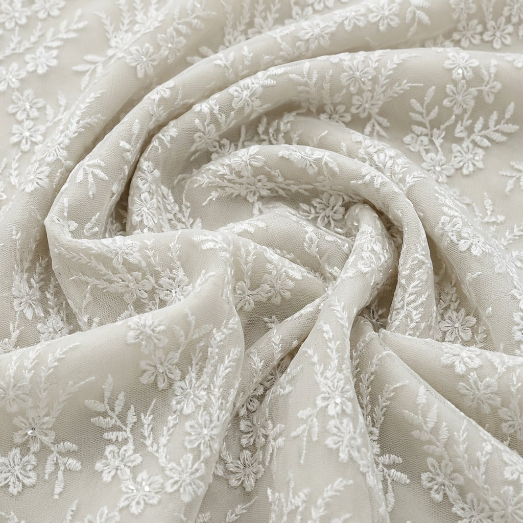Swirled White Embroidery Net Fabric Showing Floral Thread Work and Drape