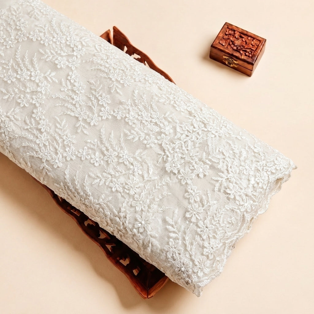 White Embroidery Net Fabric with Floral Thread Work