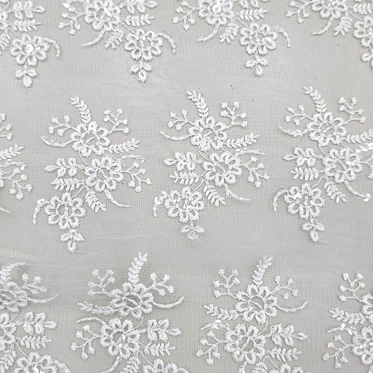 White Embroidery Net Fabric, laid flat
