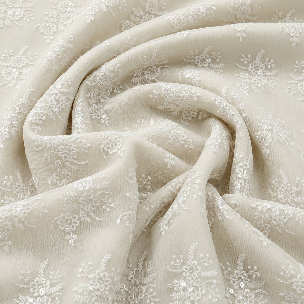 White Embroidery Net Fabric, swirled to show the drape