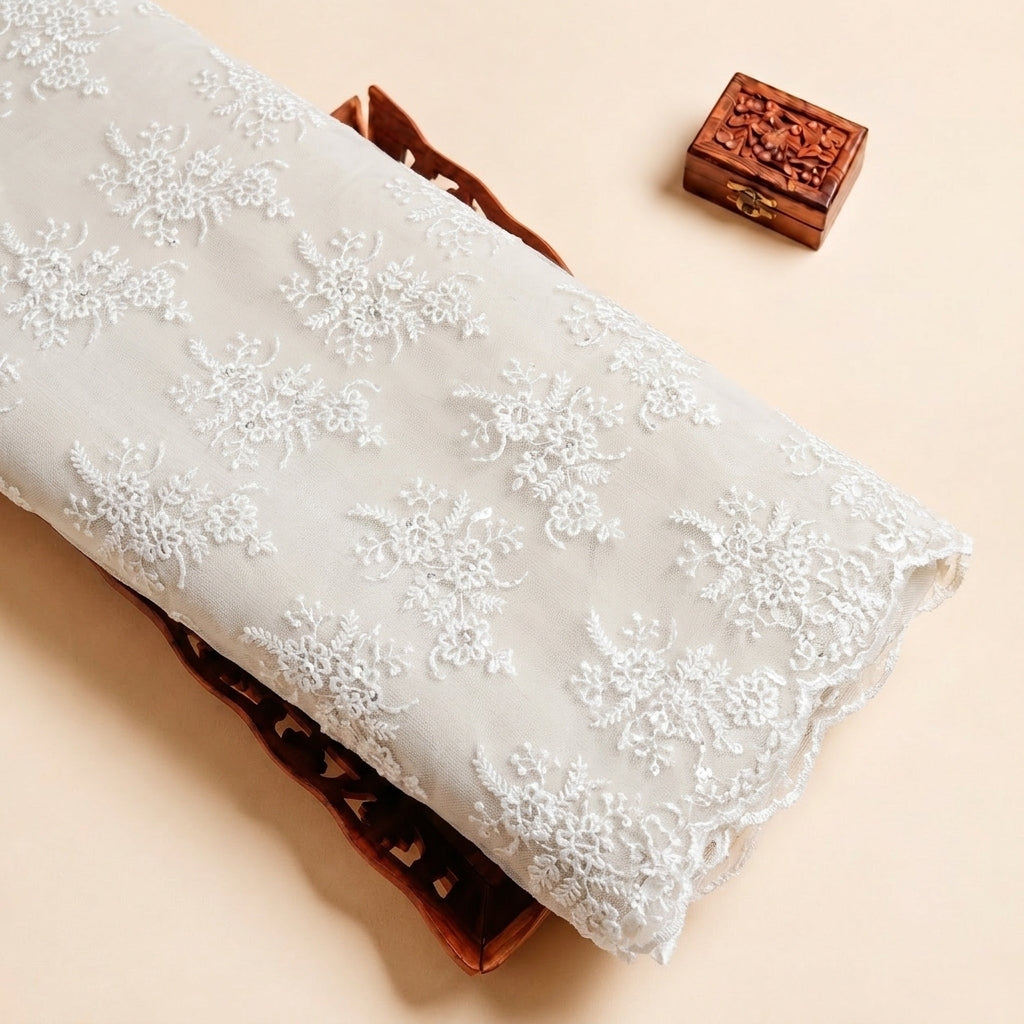 White Embroidery Net Fabric with Floral Sequin Thread Work
