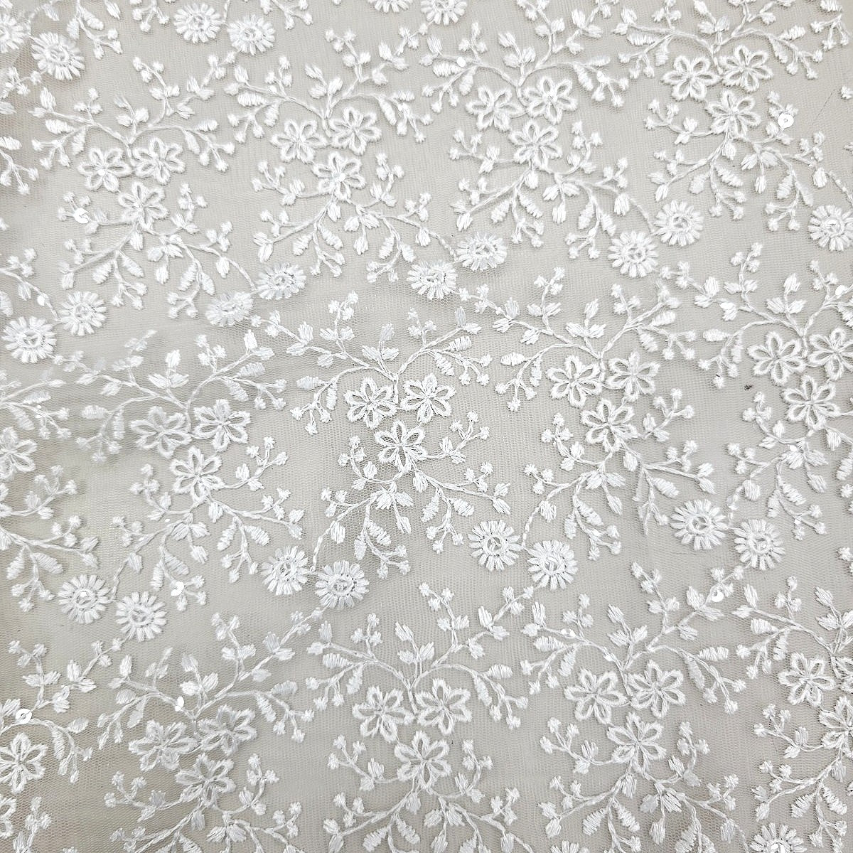 White Embroidery Net Fabric, laid flat