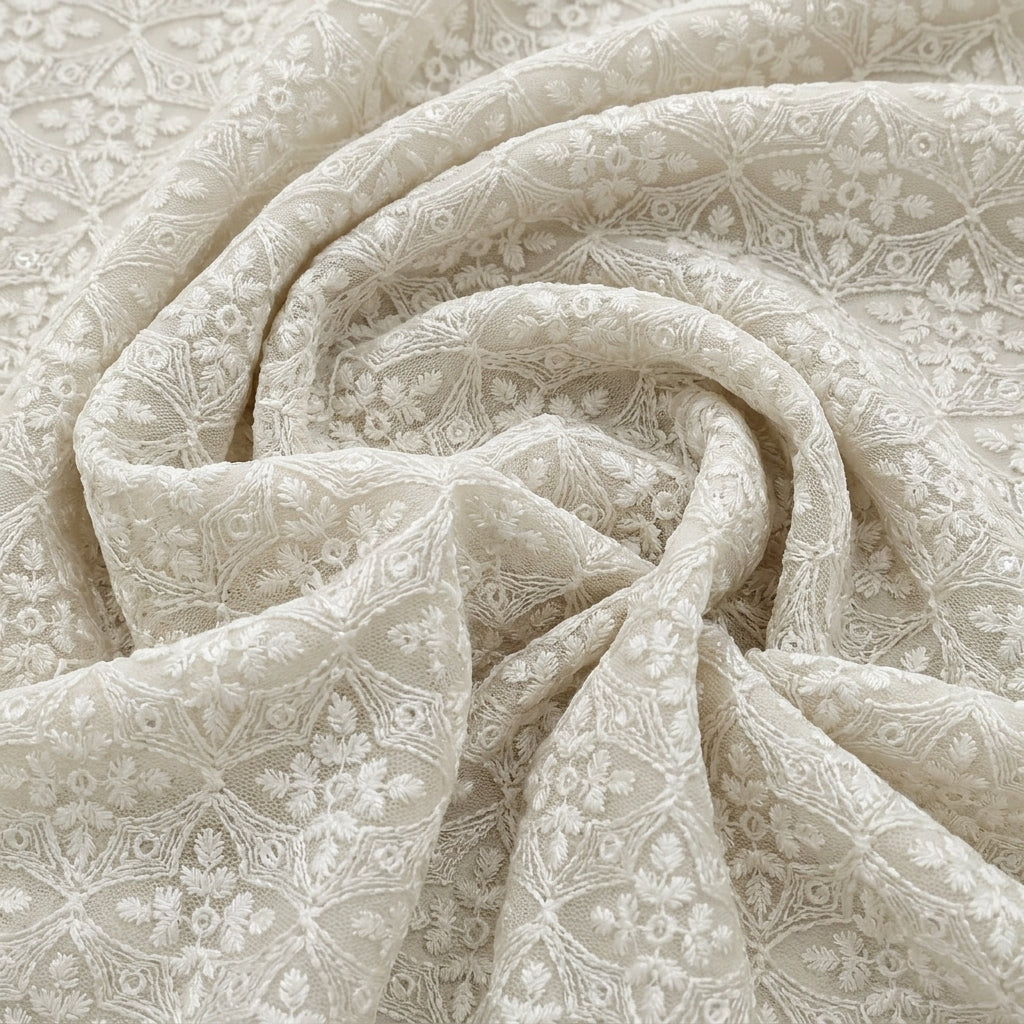 Swirled Cream Embroidery Net Fabric Showing Floral Sequin Thread Work and Drape