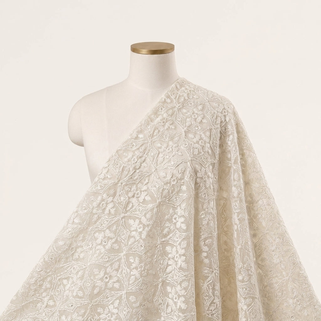 Cream Embroidery Net Fabric Draped as a saree