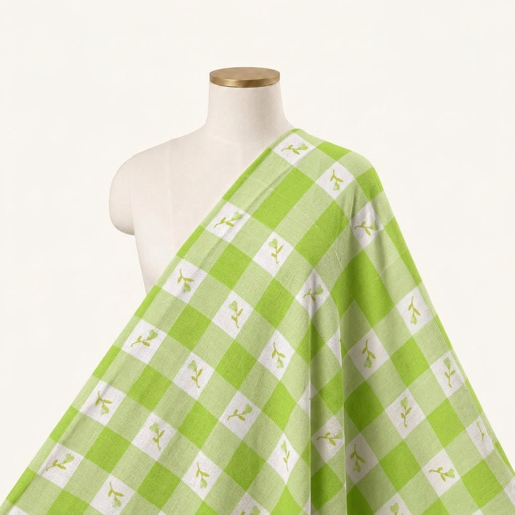 Checked Green Checked Satin Fabric Draped as a saree