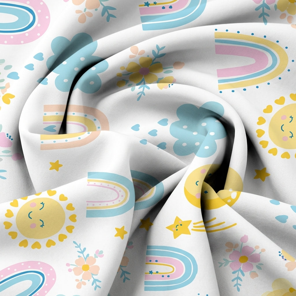 Swirled Printed White Printed Satin Fabric