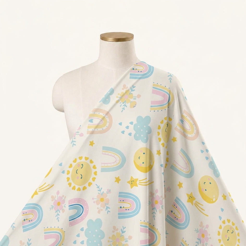 Printed White Printed Satin Fabric Draped as a saree