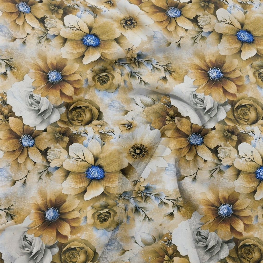 Swirled Floral Yellow Floral Georgette Fabric