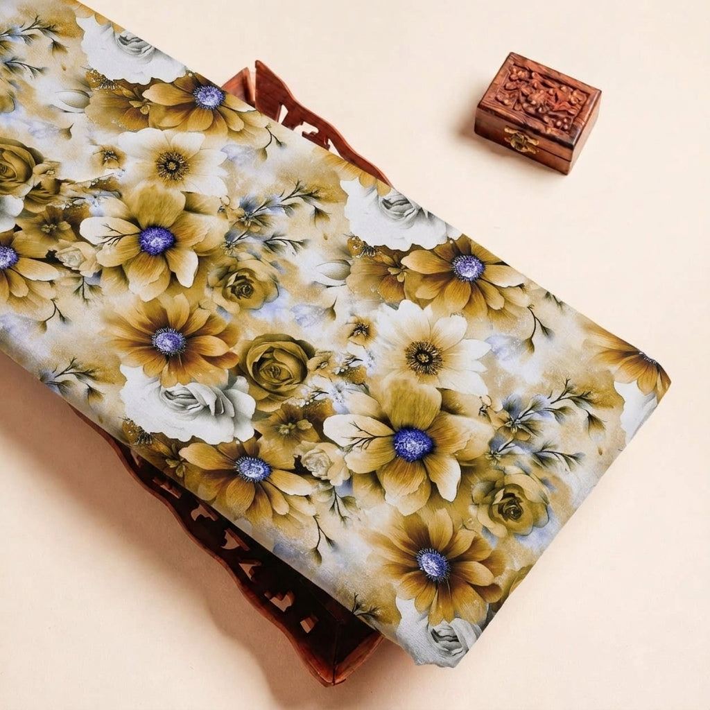 Folded Yellow Floral Georgette Fabric Highlighting and Texture