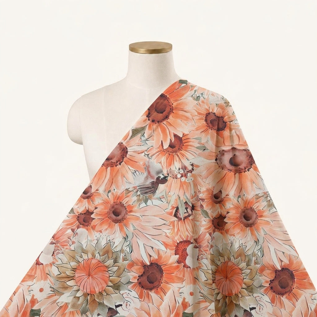 Floral Orange Floral Georgette Fabric Draped as a saree