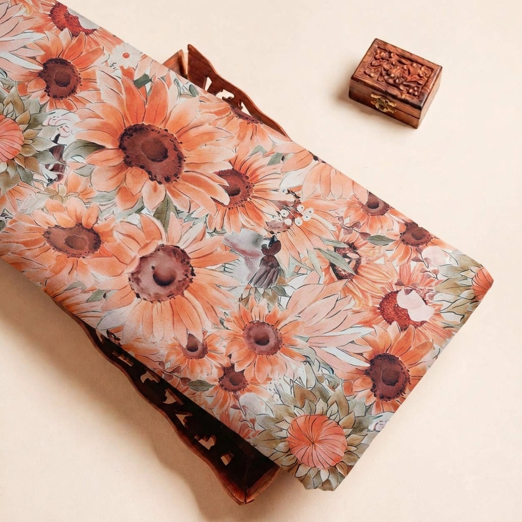 Folded Orange Floral Georgette Fabric Highlighting and Texture