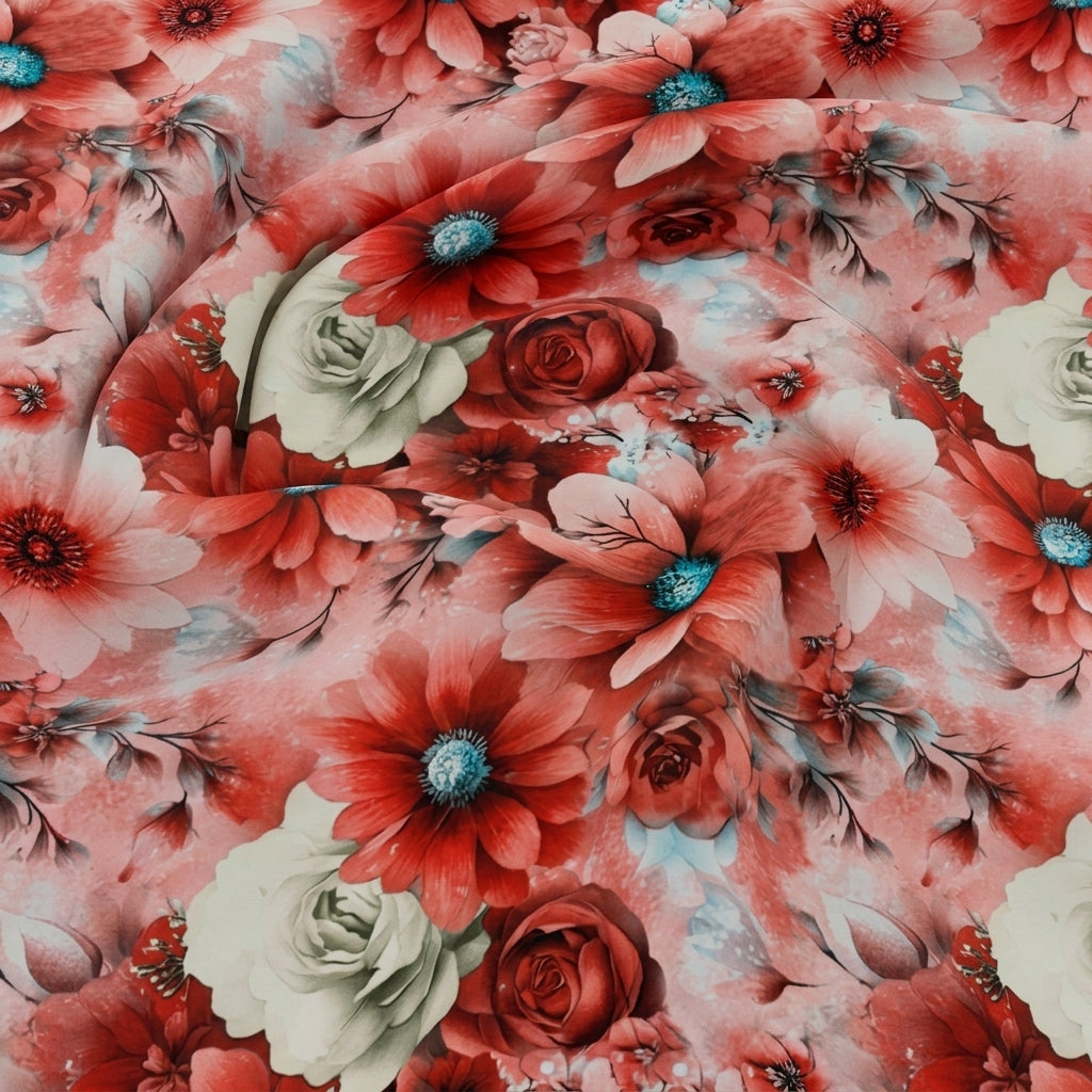 Swirled Floral Red Floral Georgette Fabric