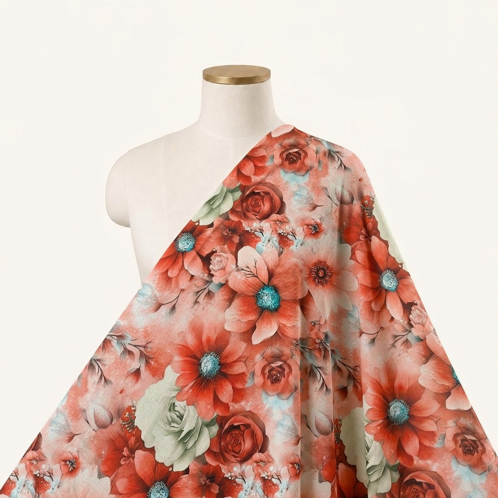 Floral Red Floral Georgette Fabric Draped as a saree