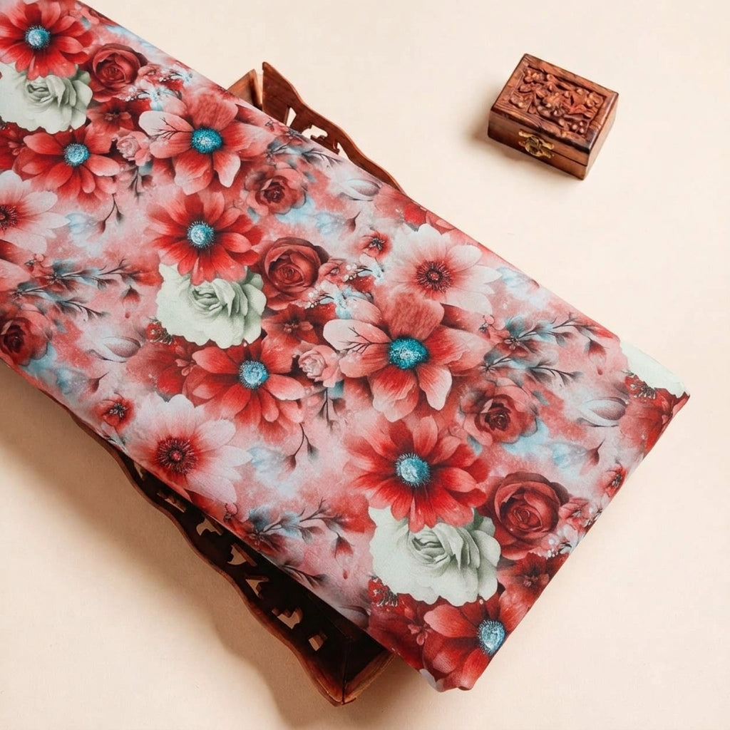 Folded Red Floral Georgette Fabric Highlighting and Texture