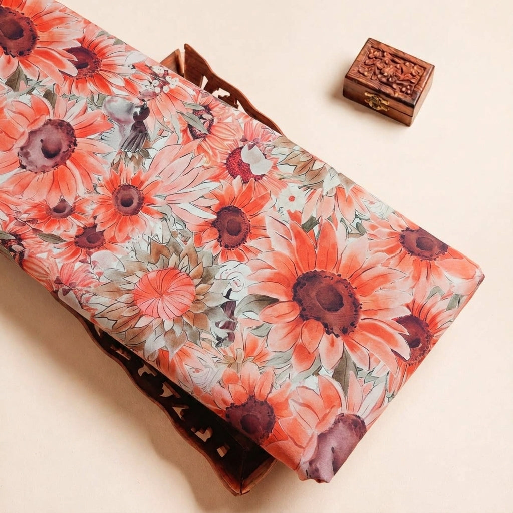 Folded Red Floral Georgette Fabric Highlighting and Texture
