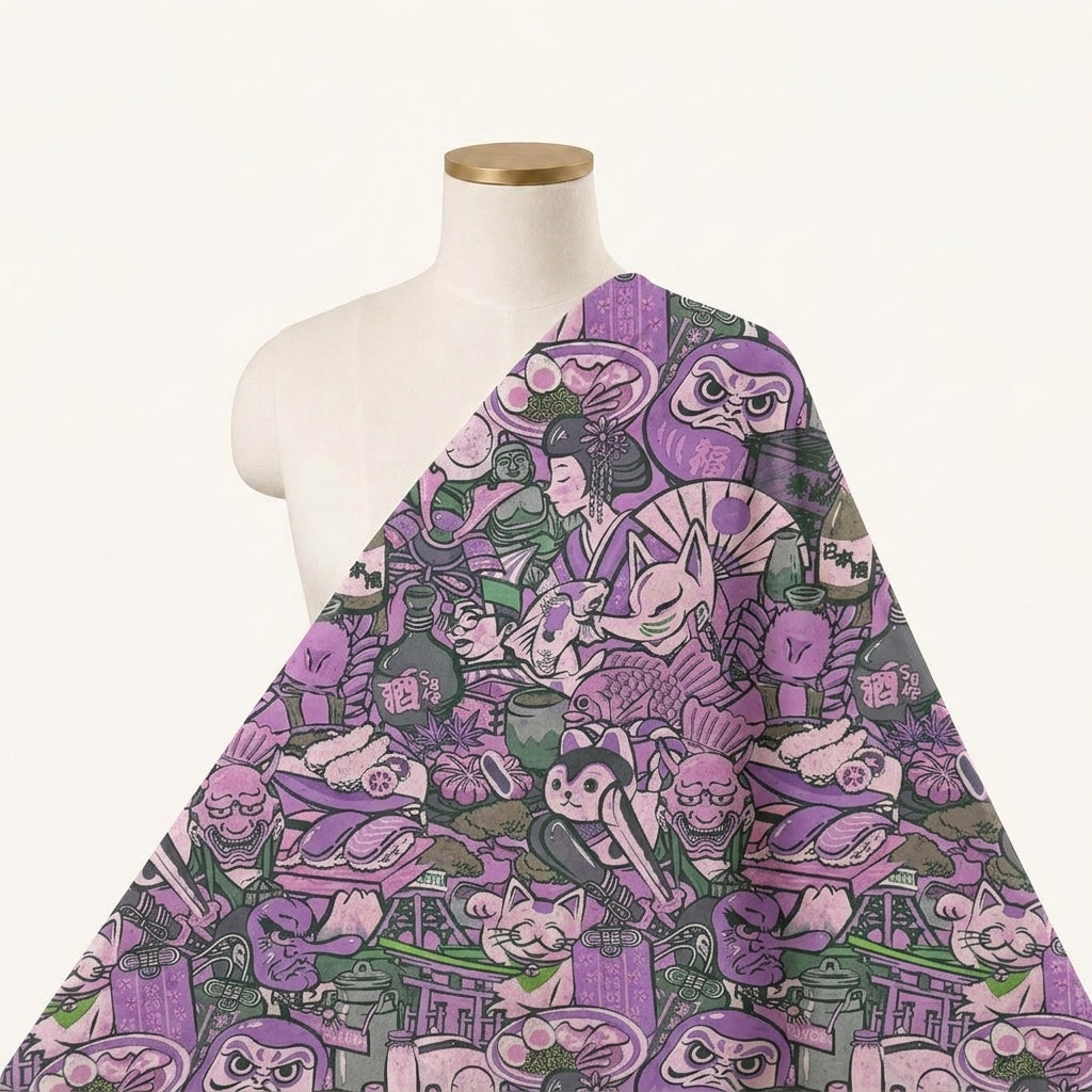 Printed Purple Printed Crepe Fabric Draped as a saree