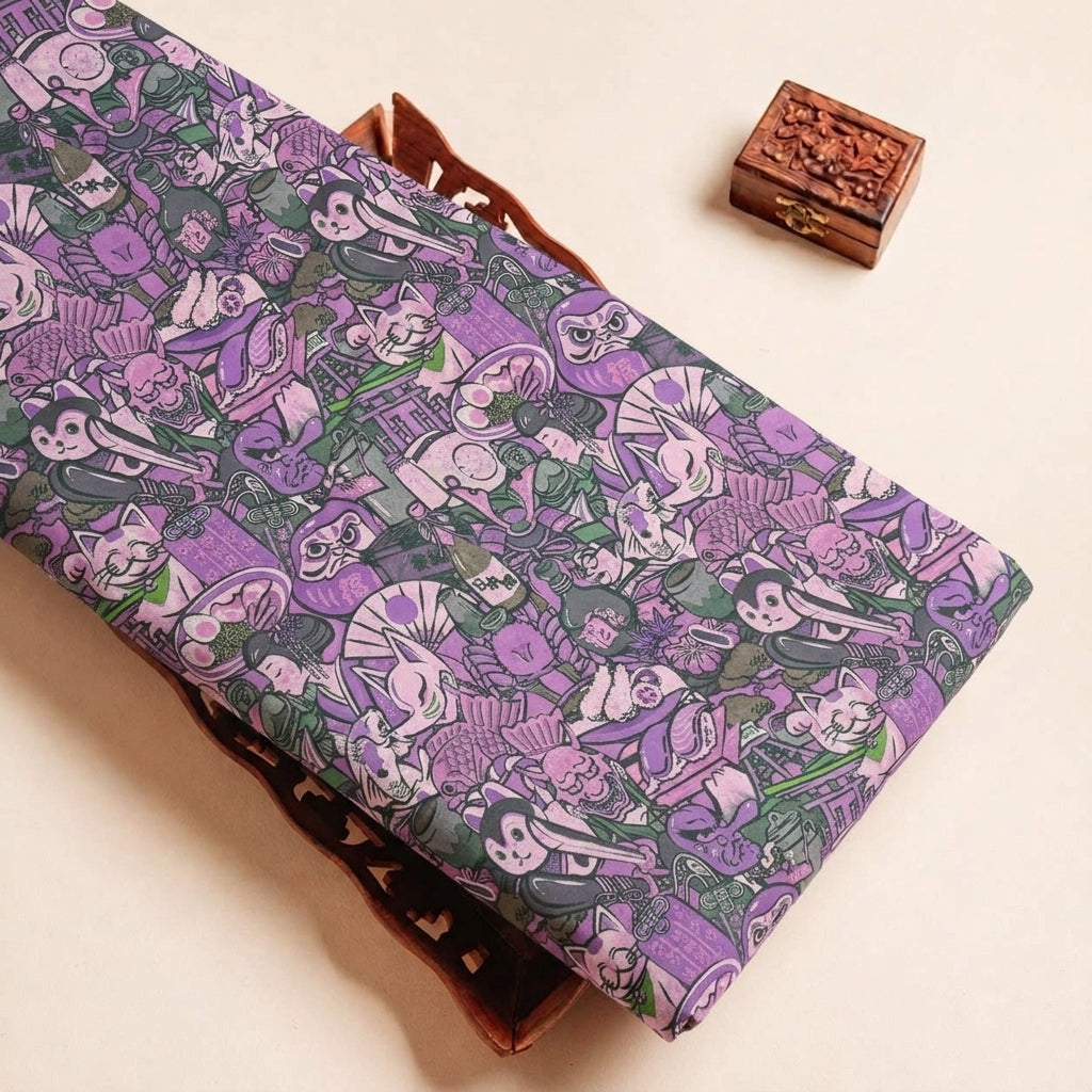 Folded Purple Printed Crepe Fabric Highlighting and Texture