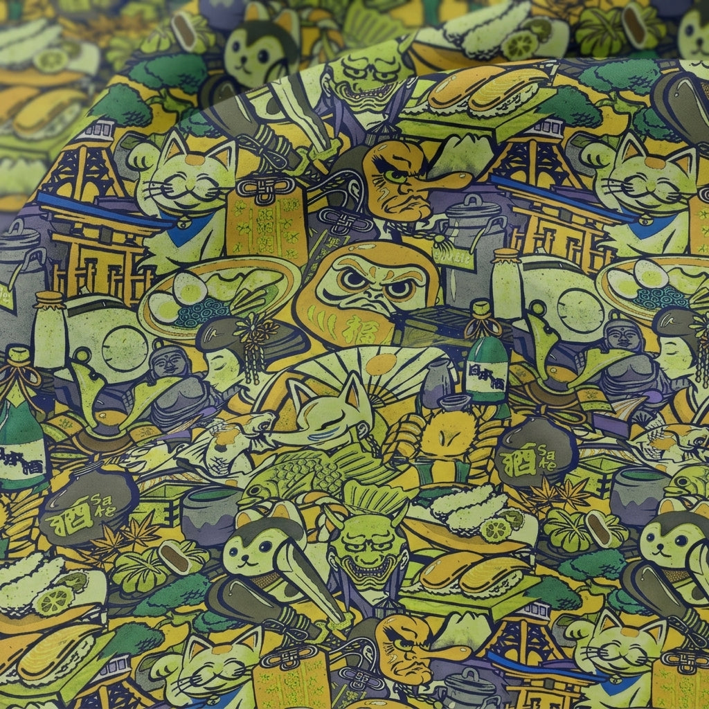 Swirled Printed Green Printed Crepe Fabric