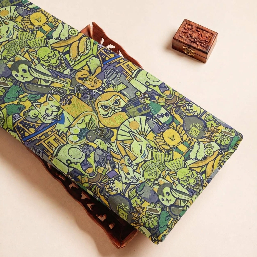 Folded Green Printed Crepe Fabric Highlighting and Texture