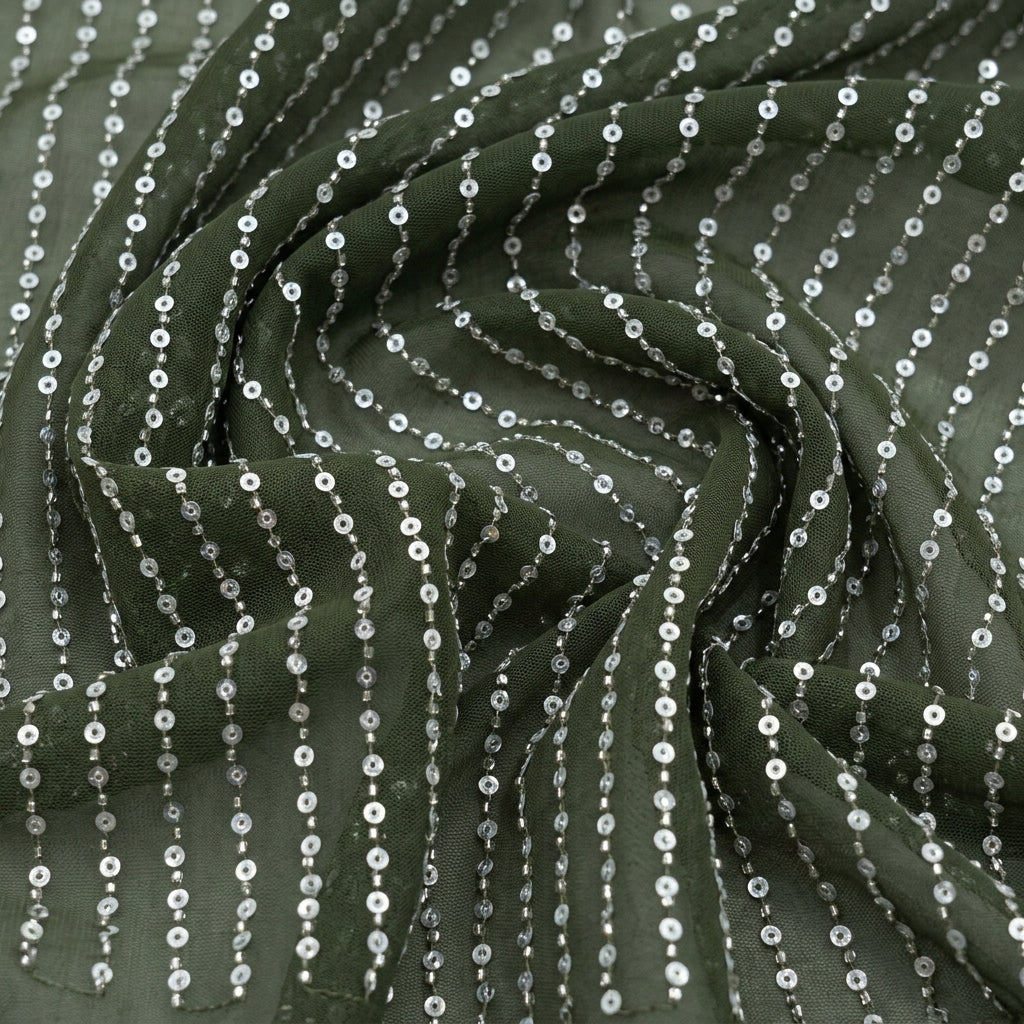 Swirled Embroidery Dark Green Embroidery Net Fabric