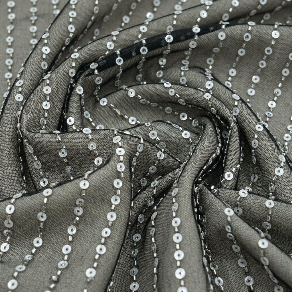 Swirled Embroidery Black Embroidery Net Fabric