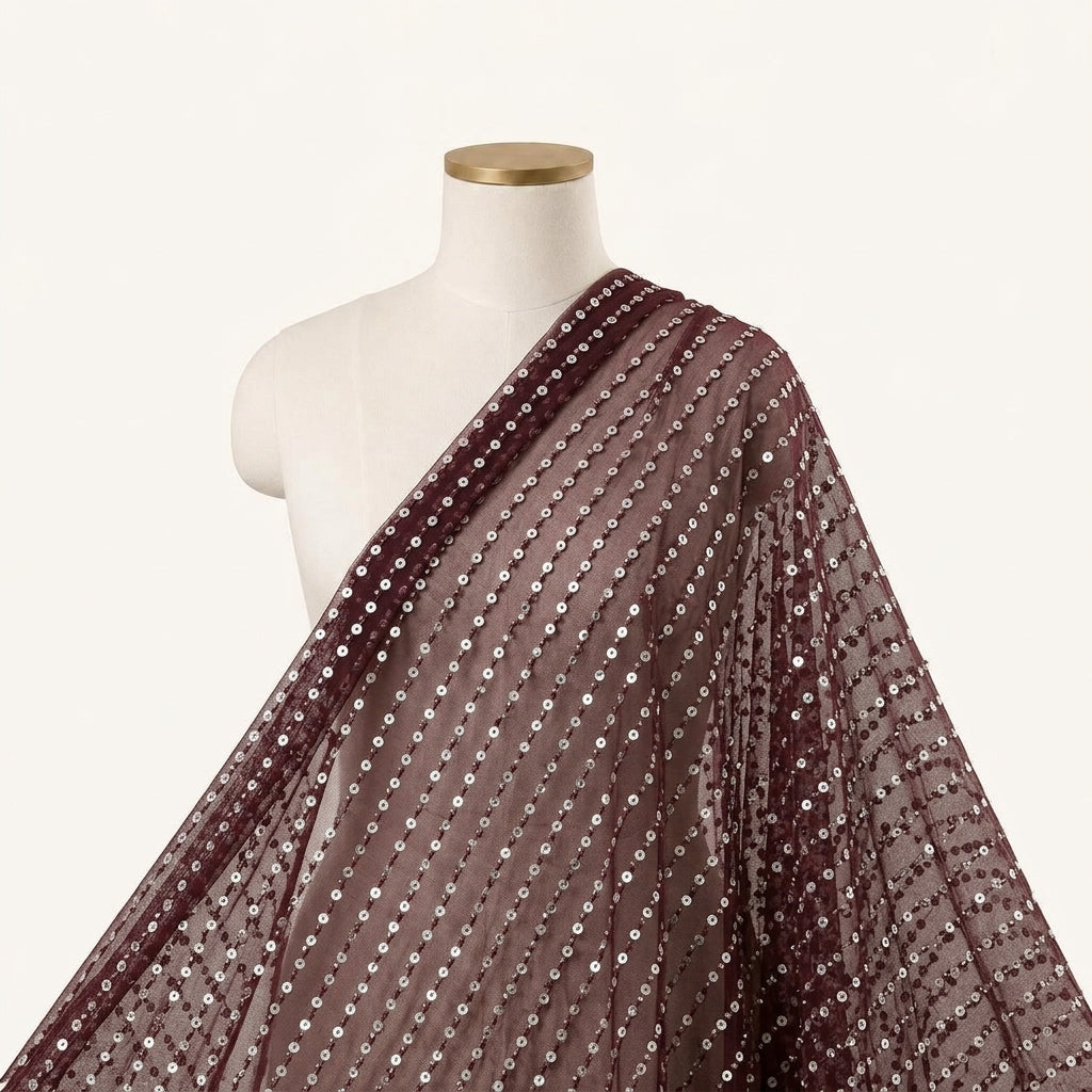 Embroidery Wine Embroidery Net Fabric Draped as a saree