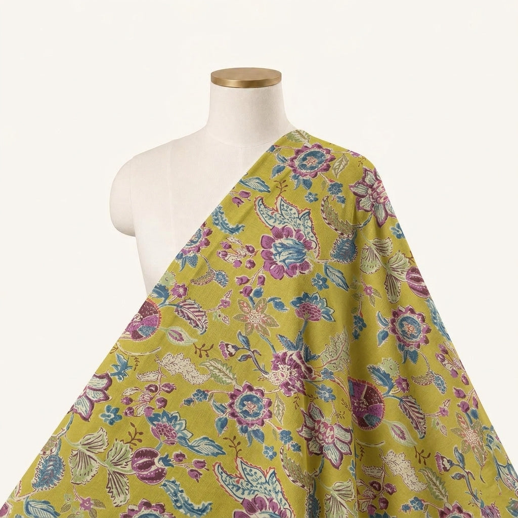 Floral Yellow Floral Cotton Fabric Draped as a saree