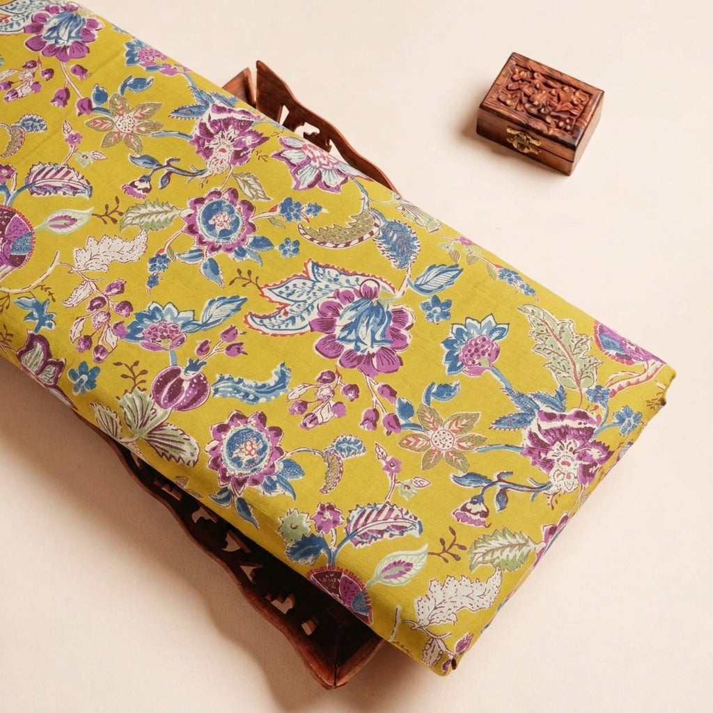 Folded Yellow Floral Cotton Fabric Highlighting and Texture