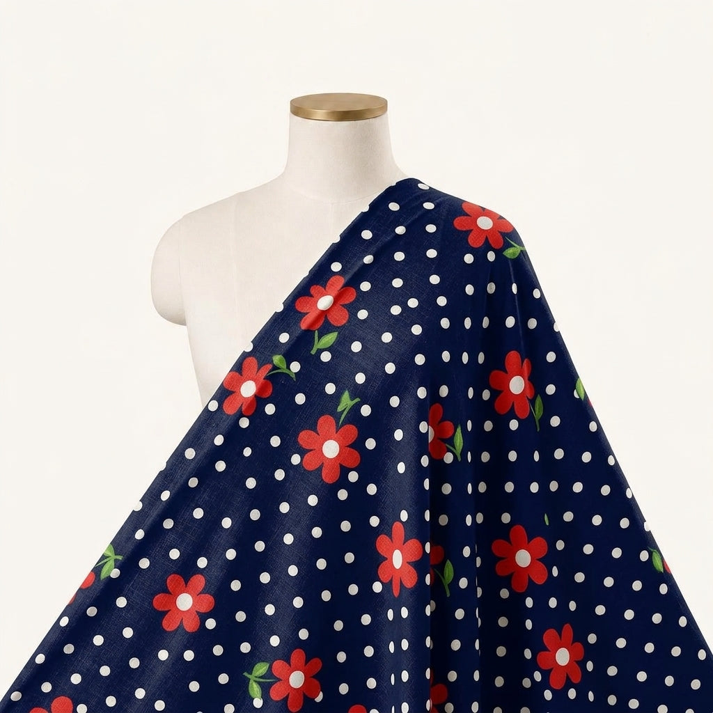 Floral Navy Blue Floral Cotton Fabric Draped as a saree