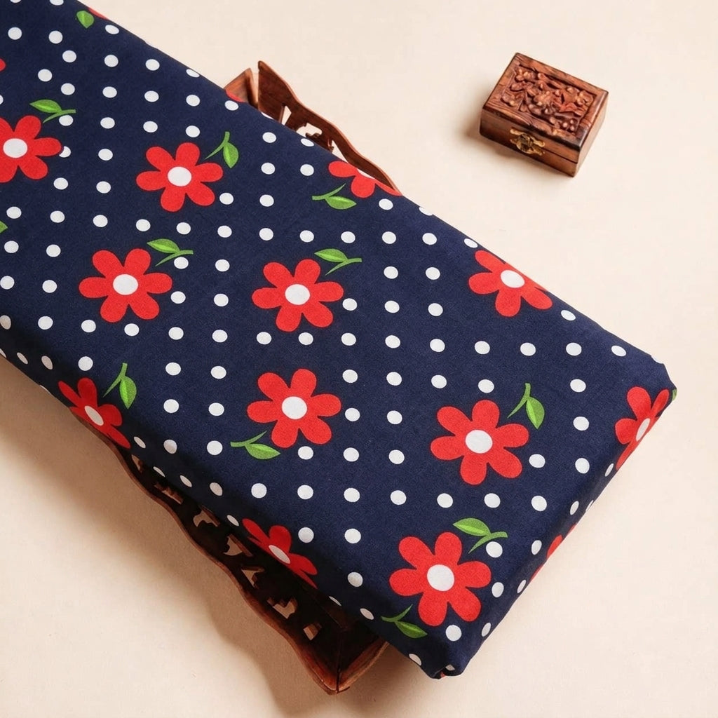 Folded Navy Blue Floral Cotton Fabric Highlighting and Texture